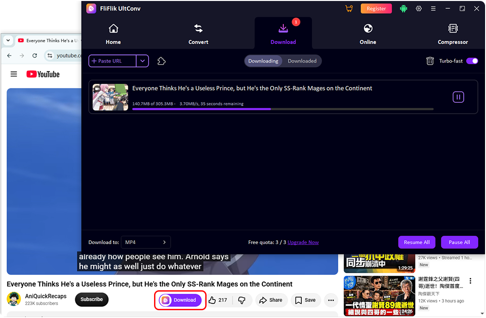Downloading a video using the UltConv Chrome extension