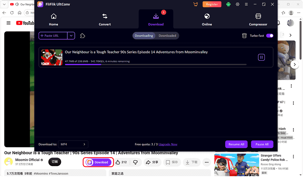Downloading a video using the UltConv Edge extension