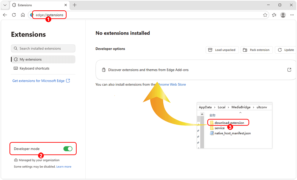 Dragging the plugin folder into Microsoft Edge to install the extension