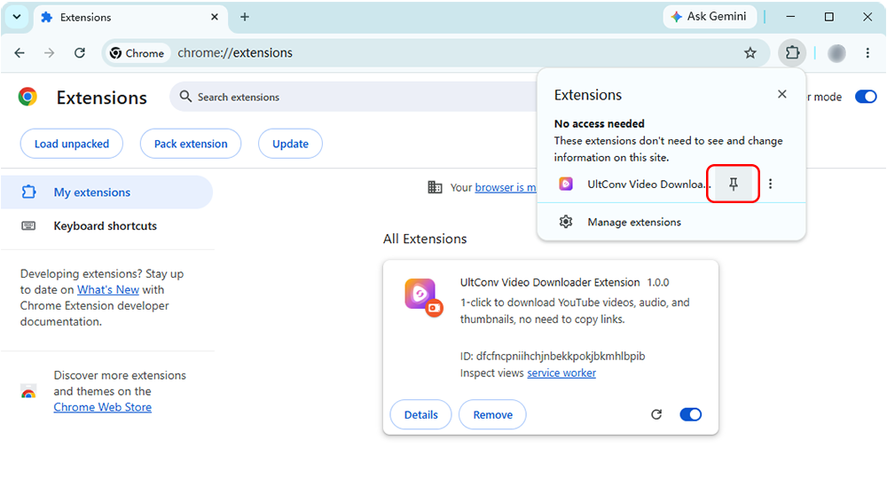 pin the ultconv extension to the chrome toolbar