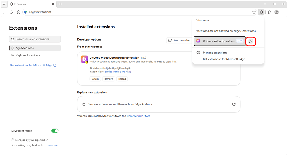 Pinning the UltConv extension to the Edge toolbar