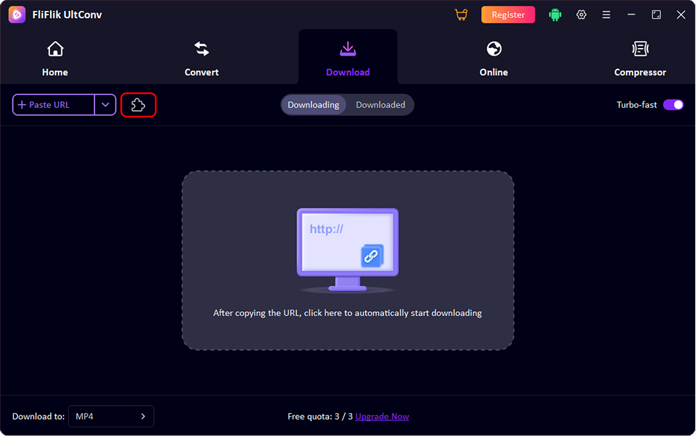 UltConv Download tab showing the extension icon next to the Paste URL button
