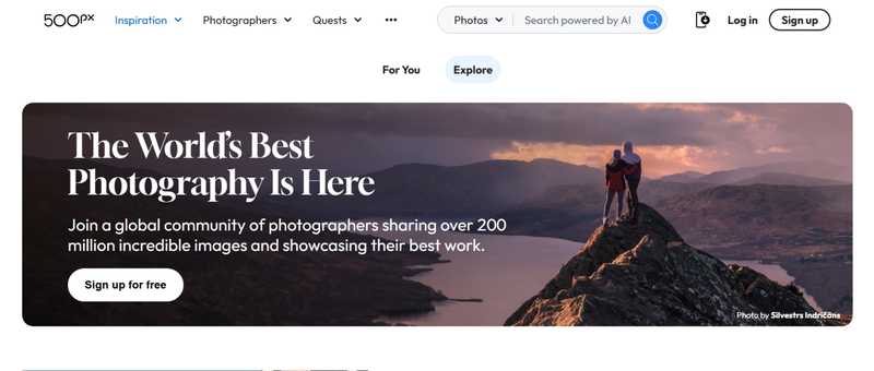 500px Photography Portfolio Platform Interface