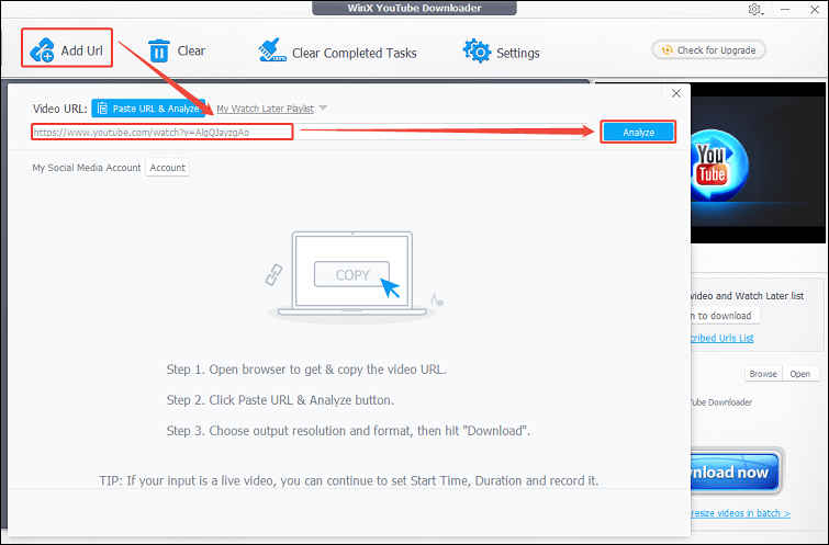 Paste Video Link in Winx Downloader Analyze