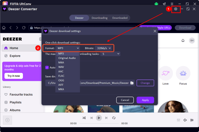 adjust deezer music download settings