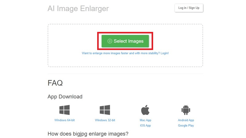 Upload image on bigjpg