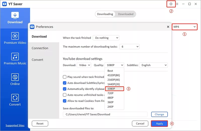 Choose Output Format and Quality in Yt Saver