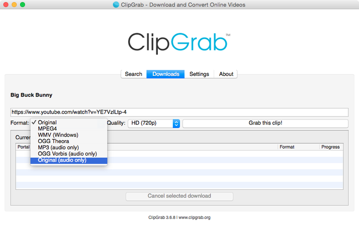 Select Format and Quality in Clipgrab