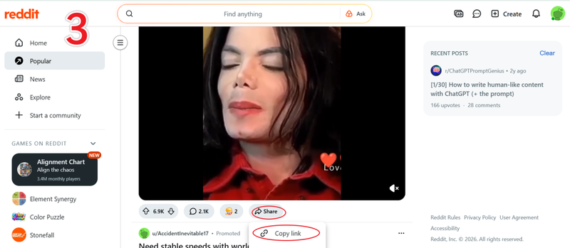 copy reddit video link from browser