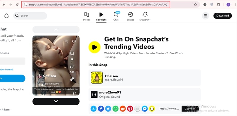 copy snapchat video link