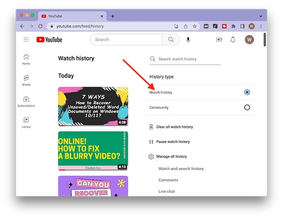 Copy URL from watch history