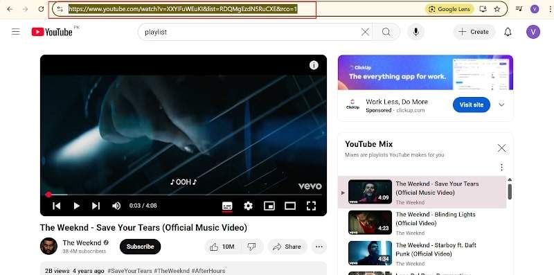 copy youtube playlist link