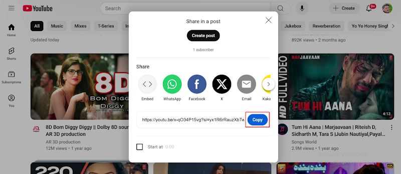 Copy YouTube Video URL