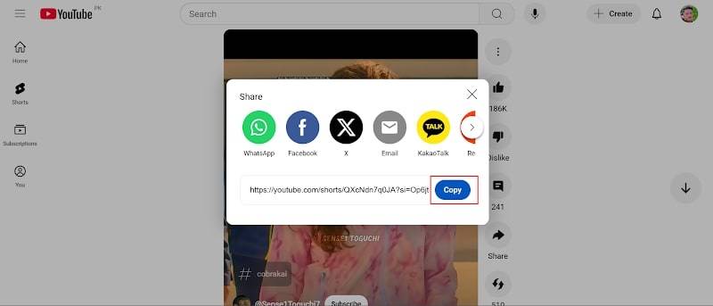 copy youtube video url