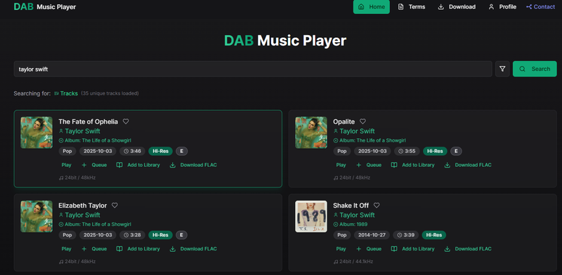 Dab Music Player Online Music Search Interface