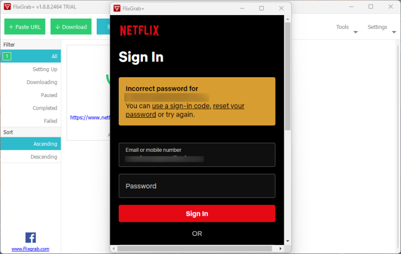 flixgrab login failed