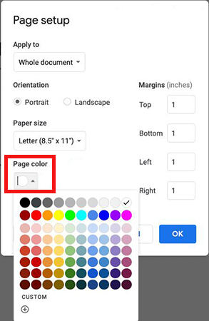 google docs page color