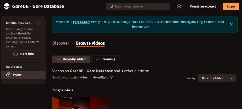 goredb gore archive website homepage