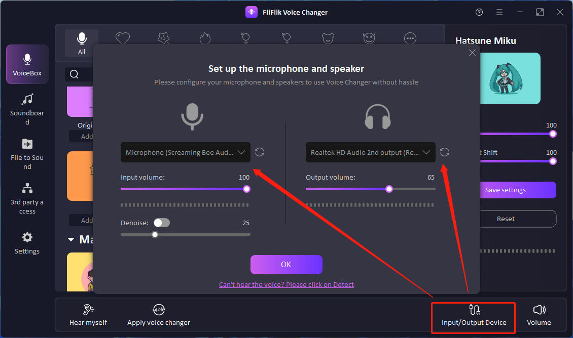 set fliflik voice changer input and outpu device