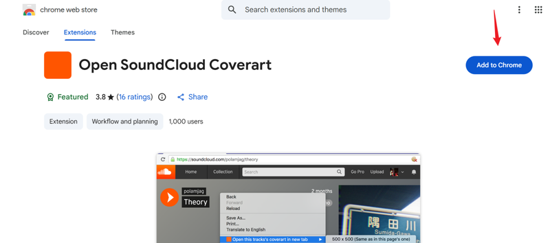 Install Open Soundcloud Coverart Chrome Extension