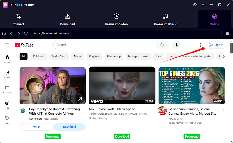Login YouTube in Ultconv