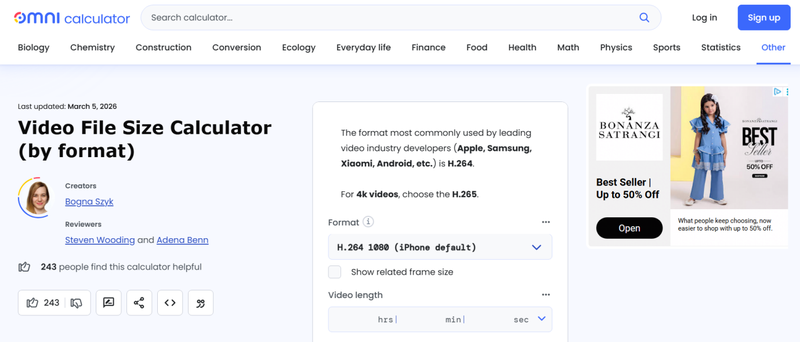 Omni Calculator Video File Size Tool