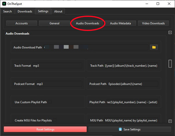 Onthespot Audio Download Settings Page