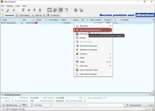 Open Downloaded Video Folder in Jdownloader 2
