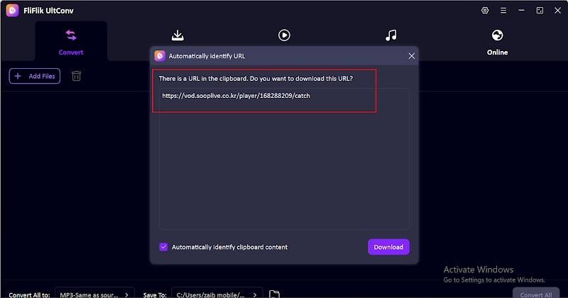 paste afreecatv link and start download