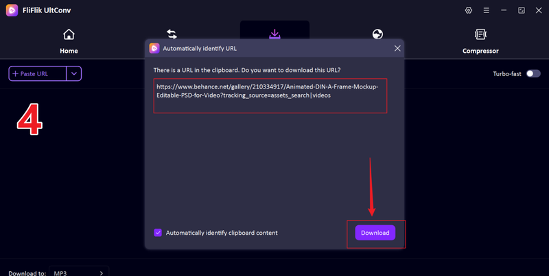 Paste Behance Video Url into Ultconv Downloader