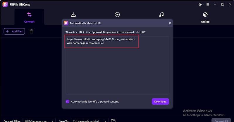 paste bilibili video link in ultconv