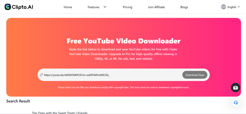 Paste Url in Clipto Youtube Downloader