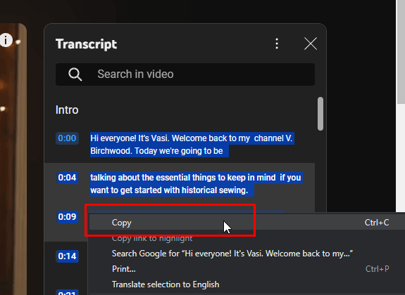 Right Click and Copy to Download YouTube Captions