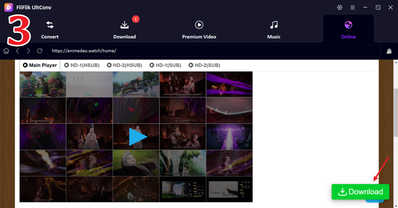Select Animedao Video and Click Download in Ultconv