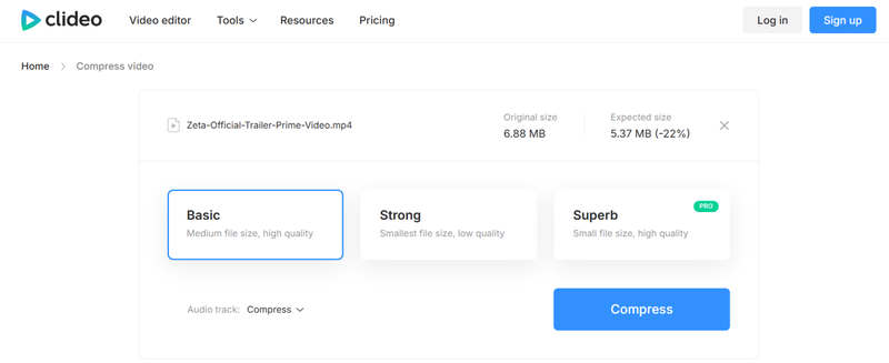 Choose Compression Preset in Clideo