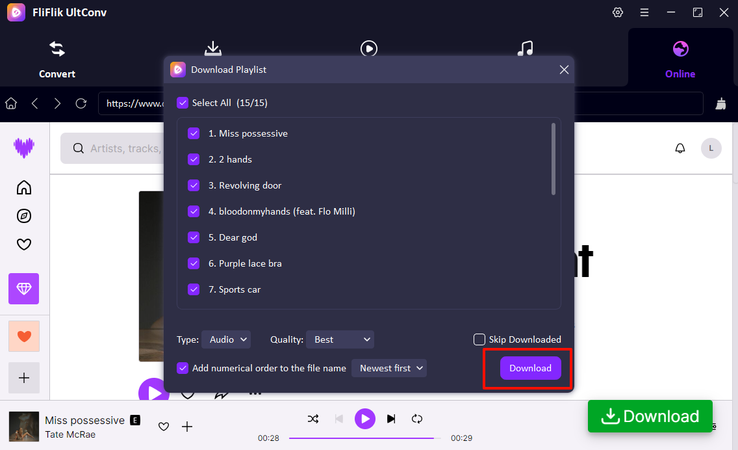 Select Deezer Songs and Click Download in Ultconv