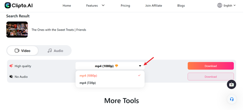 Select Format Clipto Youtube Downloader