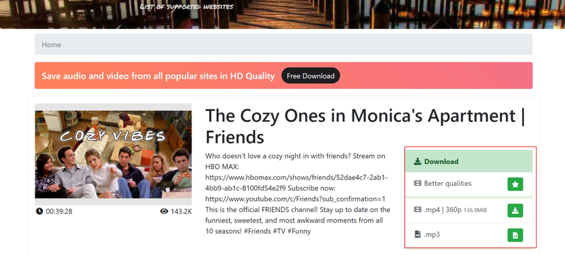 Selecting Download Quality and Format on Tubeninja