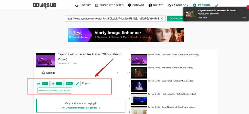 Select Subtitle Language in Downsub