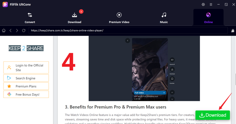 Select Keepshare Video and Click Download in Ultconv