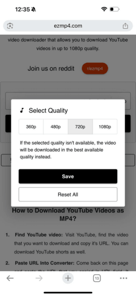 select video quality in ezmp4