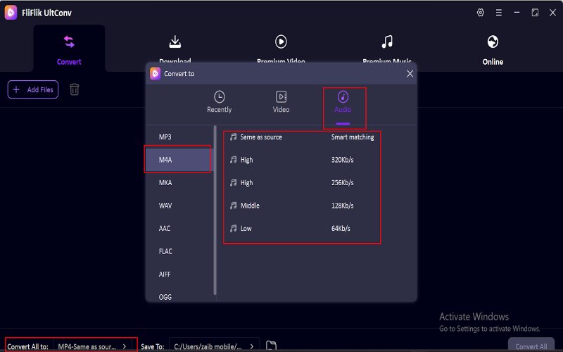 set m4a format in ultconv