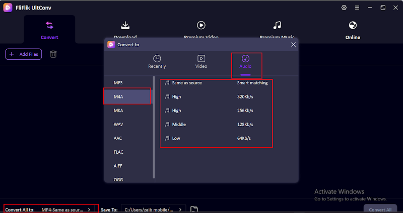 set m4a format in ultconv