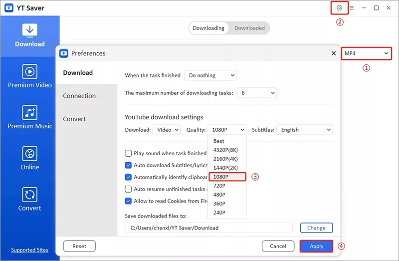 Set Mp4 Format in Ytsaver Downloader