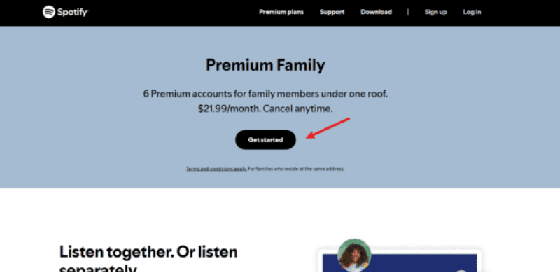 click get started on spotify family plan page