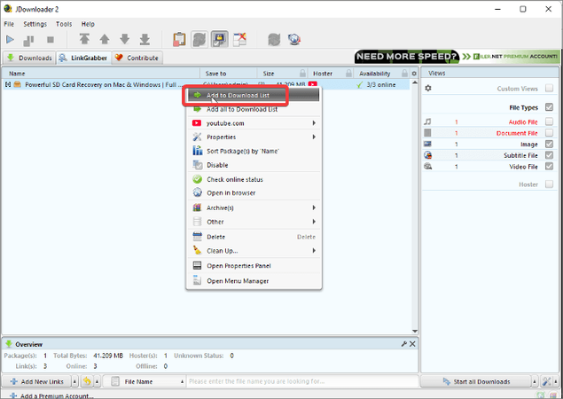 Start Video Download in Jdownloader 2