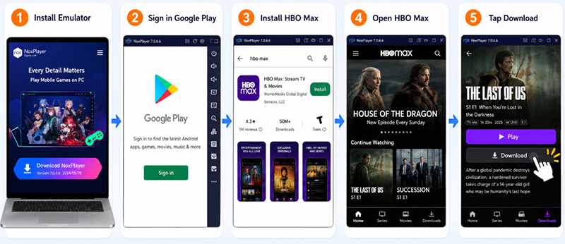 hbo max download steps in android emulator