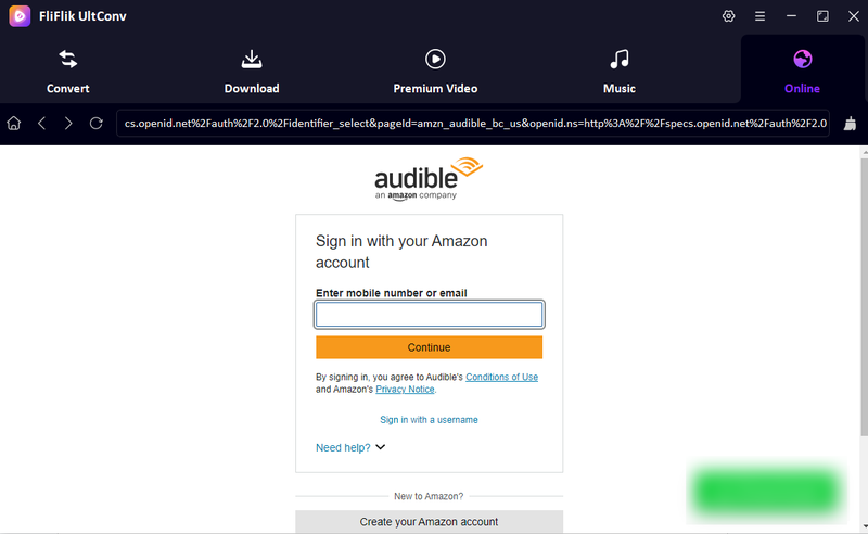 Login to Audible Inside Ultconv Built in Browser