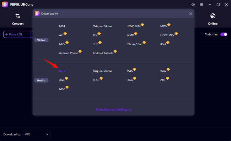 select download songs format in ultconv