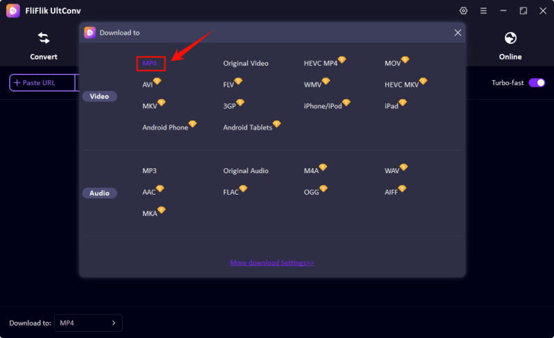 select video format as mp4 in ultconv
